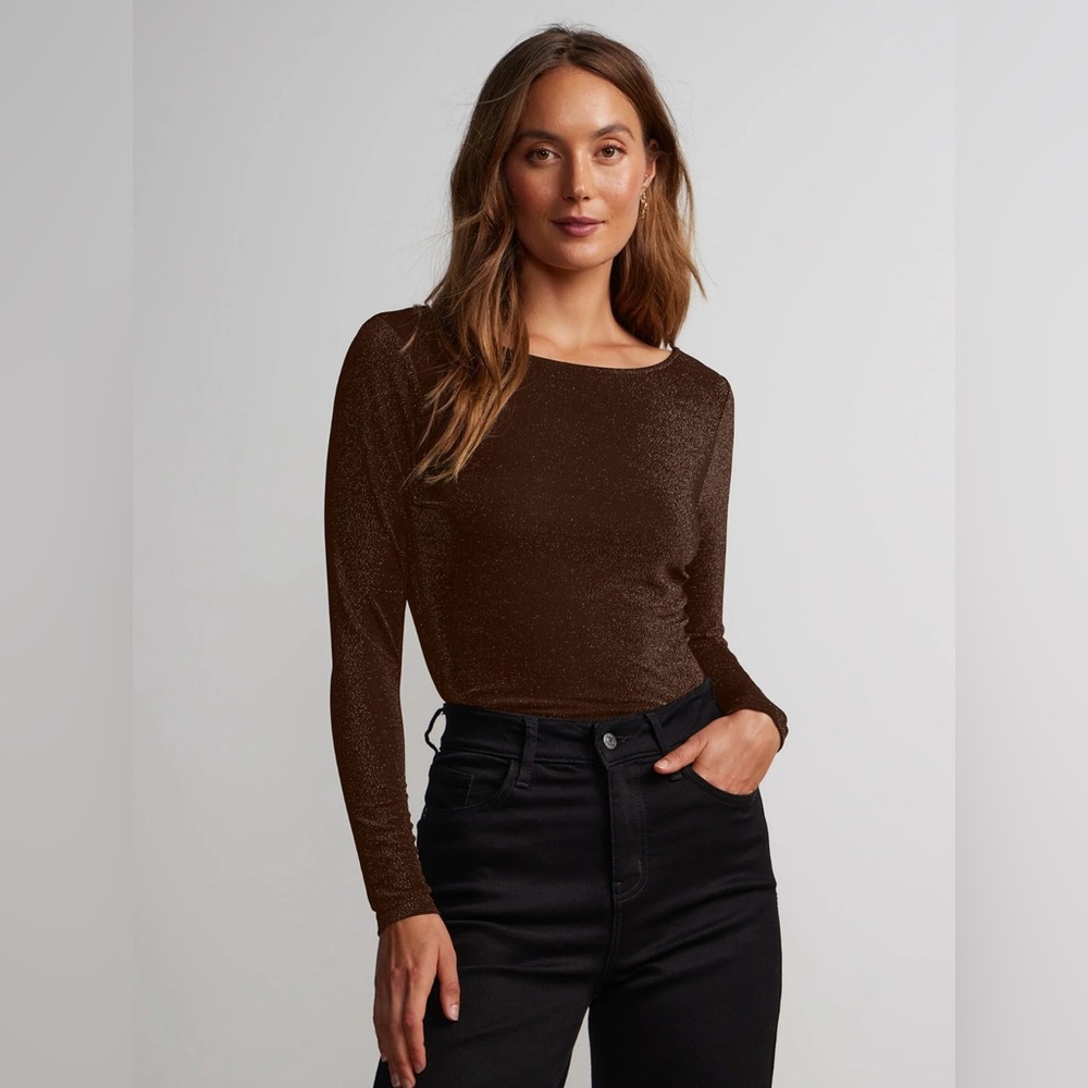 🛍️NEW New York & Company XL Brown Open-Back Lurex Top